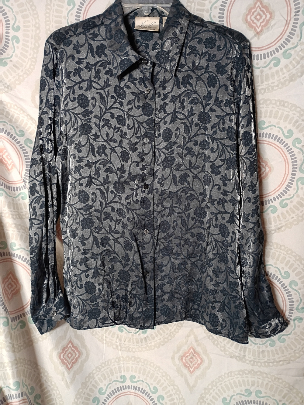 Kathie Lee Collection Blue Floral Jacquard Button-Down Shirt